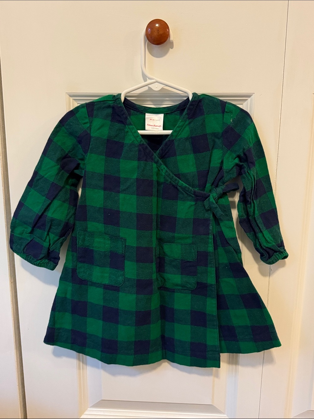 Hanna Andersson Green and Navy Flannel Plaid Wrap Dress - Kids
